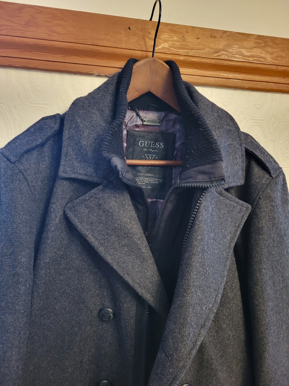 GUESS Wool Blend Peacoat Men's L — Charcoal Grey - Double-Breasted - Zip Inner L